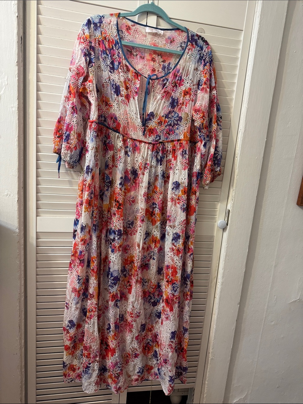 Johnny Was White Maxi Dress with Pink, Orange and Blue Floral Print